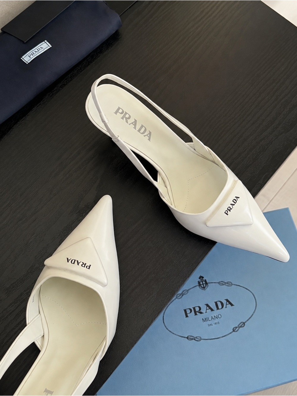 Prada White Pointed Leather Slingback Pumps with Logo Plaque - Picture 3 of 5